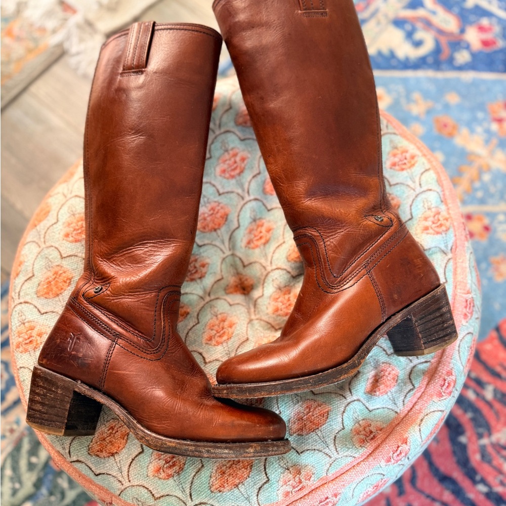 Vintage 90s Frye Campus Boots 8M Made in USA Cognac Brown Leather Riding Boots